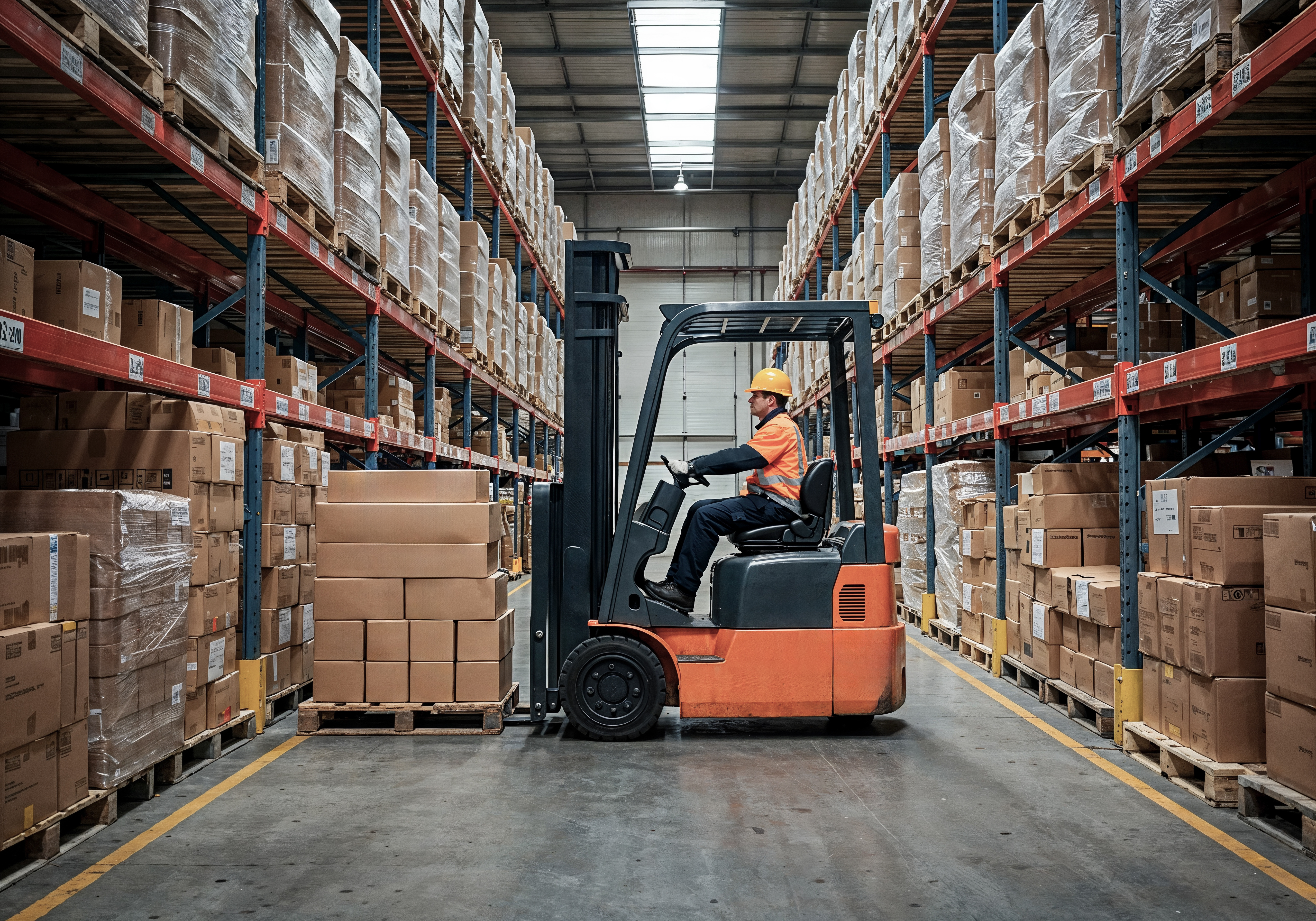 Warehouse worker operating forklift storage facility